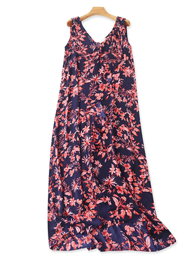 长款V领仿真丝连衣裙 夏季新款木耳边背心裙 女显瘦时尚裙子06183