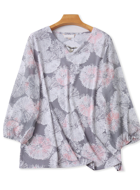 大码圆领印花T恤衫 春秋新款长袖宽松时尚显瘦女打底衫上衣 07242