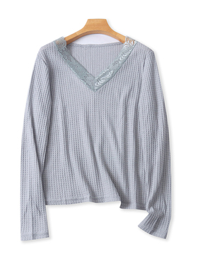 外贸V领长袖T恤衫 春夏季新款宽松时尚蕾丝钩花打底衫女上衣19342