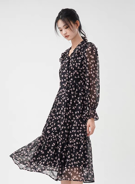 法式雪纺小立领碎花连衣裙 春秋新款长款女宽松气质长袖裙子08262