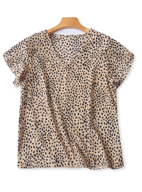 外贸V领豹纹短袖T恤衫 夏季新款显瘦套头体恤衫打底女装上衣07032