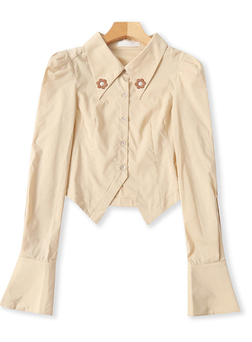 气质时尚翻领长袖衬衫 春秋新款短款显瘦衬衣女纽扣开衫上衣02054