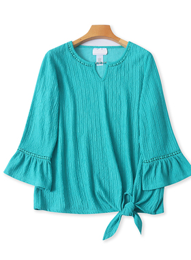 外贸圆领钩花镂空T恤衫 夏季新款喇叭袖时尚系带打底女上衣 10072