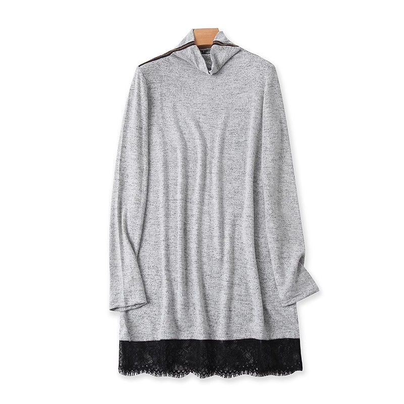 半高领中长款针织连衣裙春秋新款蕾丝弹力女套头打底裙上衣G/14-2