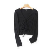 恤衫 夏季 长袖 V领收褶系带针织T 女上衣G 新款 百搭显瘦打底衫