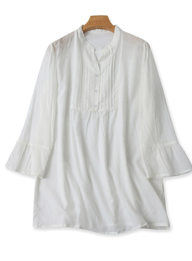 棉V领收褶衬衫夏季新款长袖衬衣纽扣半开衫宽松休闲外贸上衣19031