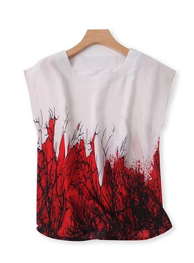 时尚雪纺印花蝙蝠衫夏季新款无袖宽松休闲T恤衫女套头衫上衣02174