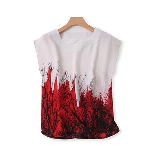 新款 夏季 无袖 宽松休闲T恤衫 上衣02174 时尚 女套头衫 雪纺印花蝙蝠衫