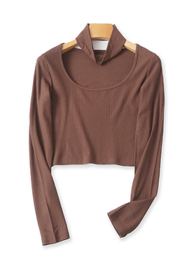 圆领围脖针织打底衫 夏季新款长袖短款T恤衫 女纯色弹力上衣11524