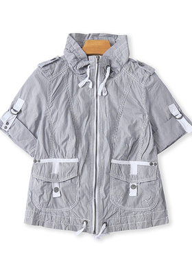 外贸立领条纹短袖衬衫 夏季新款时尚衬衣 拉链开衫外套上衣 22154