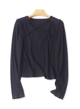 长袖短款V领打底衫 春秋新款显瘦弹力T恤衫 女外贸套头上衣 19272