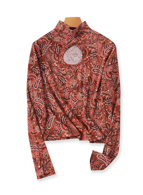 立领印花针织T恤衫 春秋长袖弹力镂空体恤衫 女休闲宽松上衣12464