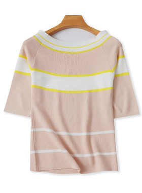 冰丝条纹一字肩针织衫 夏季新款短袖弹力修身体恤女打底上衣23071