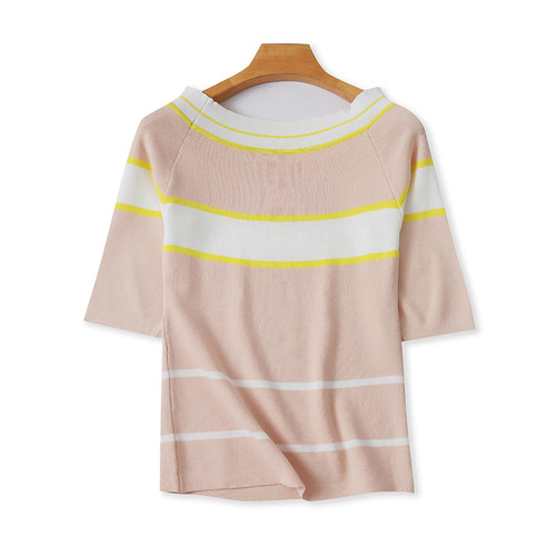 冰丝一字肩T恤衫条纹针织衫