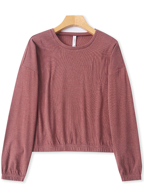 外贸德绒圆领短款T恤衫 春秋新款时尚女长袖弹力打底衫上衣 19273