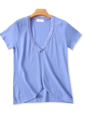 V领短袖针织开衫春夏新款桑蚕丝拼接宽松披肩时尚外套女上衣17183