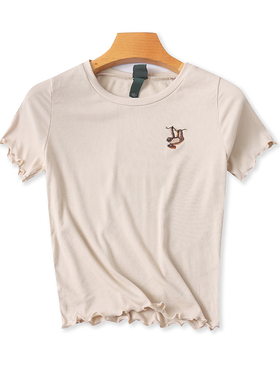 圆领冰丝刺绣短袖T恤衫夏季新款木耳边弹力时尚女打底衫上衣07334