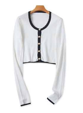 V领拼色短款针织衫春秋新款长袖纽扣开衫百搭修身女打底上衣05021