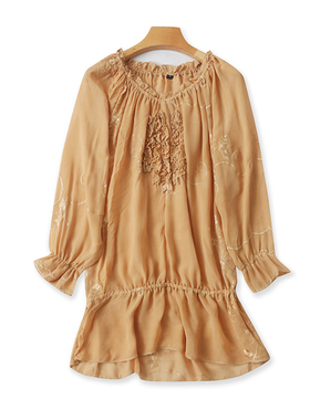 刺绣长袖雪纺衫 夏季新款薄款木耳边打底女宽松休闲外贸上衣19474