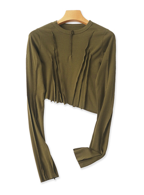 外贸圆领毛边不规则T恤衫 春夏季新款长袖体恤打底衫 女上衣07124