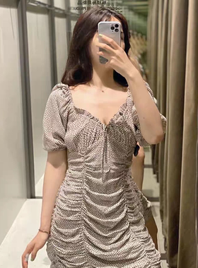 外贸两穿圆点连衣裙 夏季新款收褶女短袖包臀中长款修身裙子15233