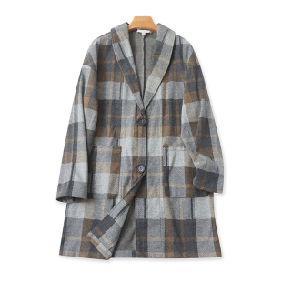 春秋新款 女外套上衣 纽扣开衫 风衣 09254 中长款 外贸翻领格子大衣