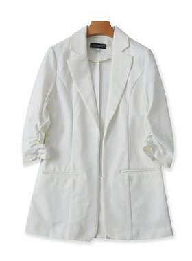 翻领7分袖西装春秋新款开衫时尚西服女褶皱外贸休闲上衣外套21284