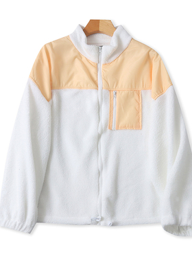 外贸立领拼色绒衫 春秋新款长袖时尚拉链开衫女宽松卫衣外套16314