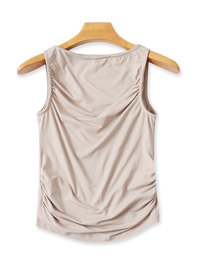 外贸圆领褶皱背心 夏季新款弹力修身无袖T恤 女套头打底上衣17153