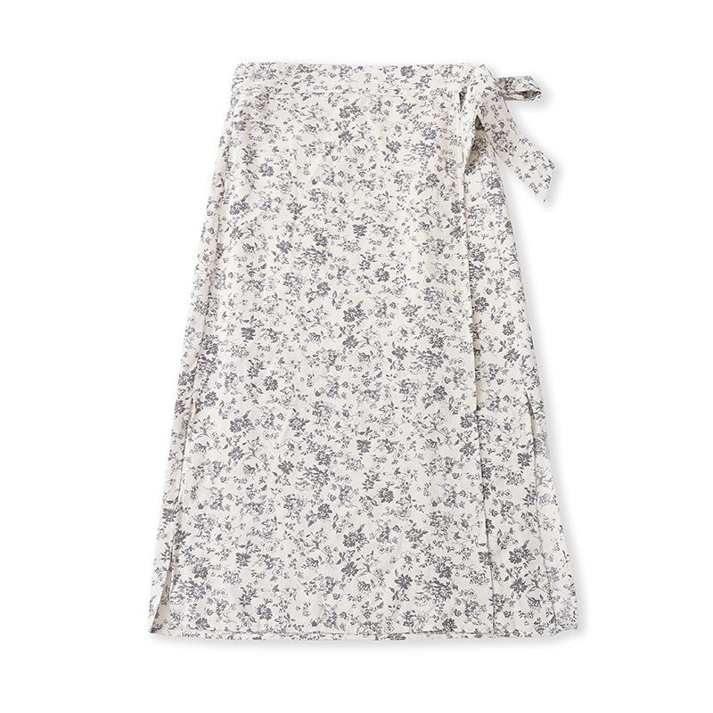 法式一片式碎花系带半身裙高腰