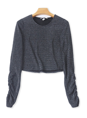 外贸圆领亮晶丝T恤衫 春夏季新款长袖打底衫 女短款修身上衣04144