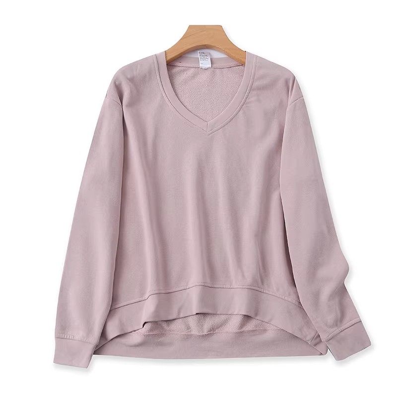 外贸V领毛圈卫衣 女春季新款长袖错层T恤套头宽松打底衫上衣05084