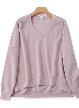 外贸V领毛圈卫衣 女春季新款长袖错层T恤套头宽松打底衫上衣05084