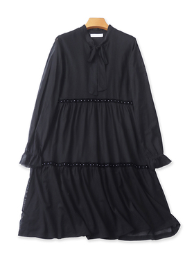 气质立领系带拼接连衣裙 夏季新款长袖套头宽松时尚外贸女裙17074