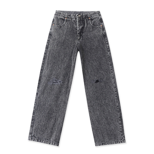 外贸高腰做旧破洞牛仔裤 时尚 宽松女棉直筒阔长裤 子23114 春秋新款