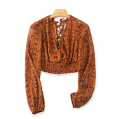 春夏季 女套头衬衫 新款 显瘦系带小衫 上衣16482 长袖 V领碎花雪纺衫