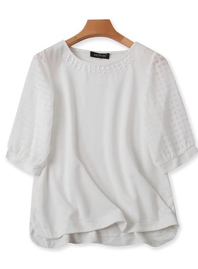 圆领钉珠T恤衫 夏季新款短袖体恤 拼接打底衫女外单宽松上衣04262