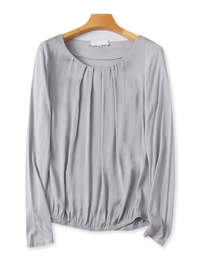 圆领收褶拼色长袖T恤衫 春秋新款百搭时尚衬衫 女打底衫上衣17234