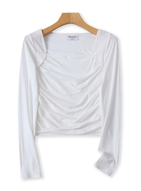 外贸方领短款收褶长袖T恤衫 春秋新款时尚女打底衫修身上衣 04183