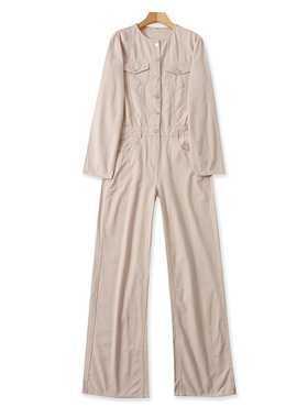 外贸工装圆领长袖连体衣 春秋新款休闲女直筒裤宽松连体裤子13194