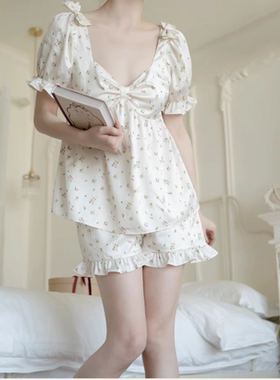 甜美碎花睡衣+松紧腰宽松短裤睡裤夏季新款家居服女两件套装22182