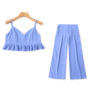 外贸荷叶边吊带+阔腿裤夏季新款时尚女休闲甜美性感两件套装10114