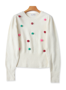 圆领毛球长袖毛衣 春秋新款时尚宽松保暖针织衫 女打底上衣 25052