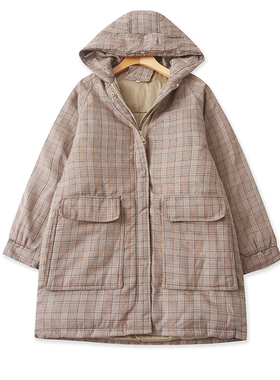 口袋格子连帽加厚棉衣 秋冬新宽松中长款保暖拉链女棉服上衣01114