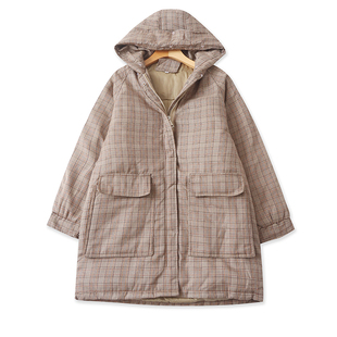 口袋格子连帽加厚棉衣 秋冬新宽松中长款保暖拉链女棉服上衣01114
