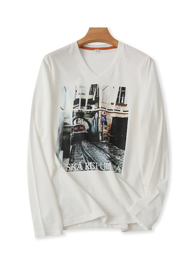 棉印花长袖T恤衫春秋新款显瘦体恤女休闲宽松打底衫女士上衣12223