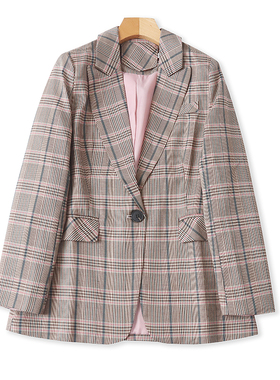 洋气翻领千鸟格西装 春秋新款时尚休闲西服 女宽松纽扣外套 05252