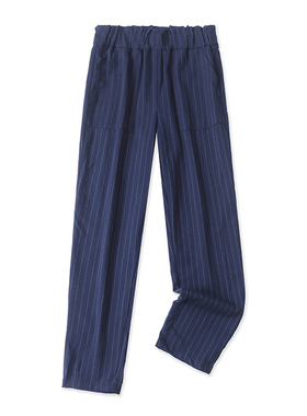 木耳边竖条纹休闲裤 春秋新款直筒裤百搭外贸女松紧腰长裤子24092