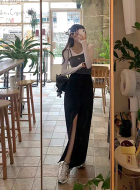 夏季高开叉牛仔直筒长款半身裙
