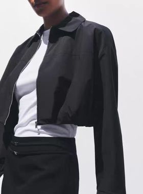 时尚翻领打褶装饰夹克衫 春秋新款短款拉链衫女长袖上衣外套16212